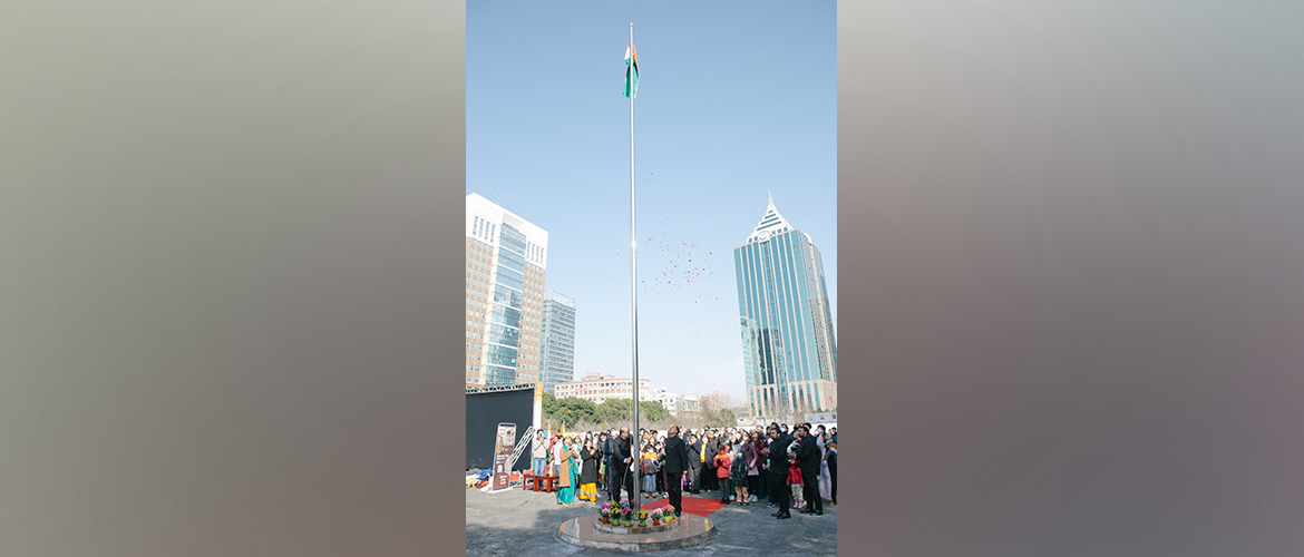 Consul General Dr. N.Nandakumar hoisted the national flag during 74th Republic Day of India celebration in Shanghai.
