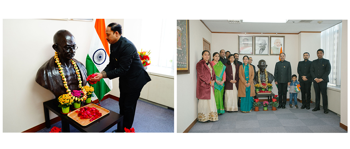Dr. N. Nandakumar, Consul General along with other officials paid floral tributes to Mahatma Gandhi bust in Shanghai as part of 74th Republic Day of India celebrations.